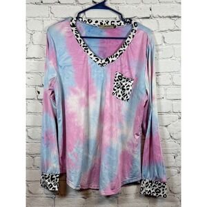 ePretty Tie Dye V-Neck Long Sleeve Top Leopard Trim Casual Comfy XL
